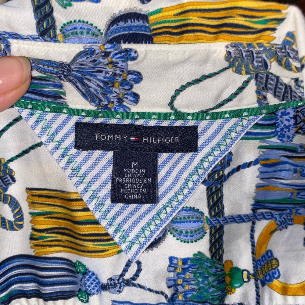 Tommy Hilfiger Blue & Gold Tassel Pattern Button Long Sleeve Up Shirt Old Money - Picture 9 of 12